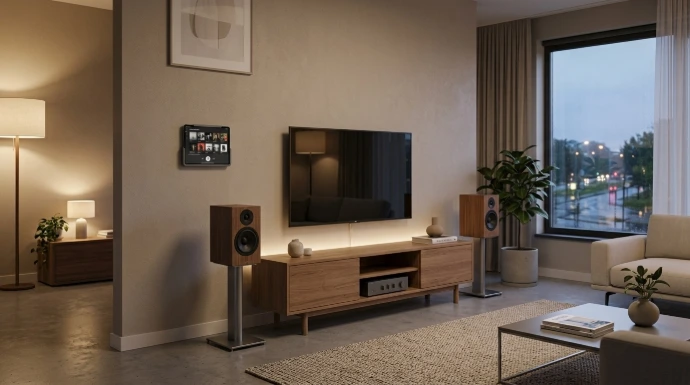 Woonkamer in de avond met een stereoset en een wandtablet met het Music Assistant-dashboard